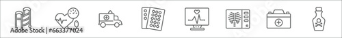 outline set of health and medical line icons. linear vector icons such as medical walker, blood pressure, ambulance, contraceptive pills, cardiogram, x ray, first aid kit, poisonous