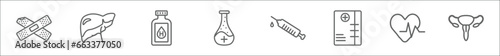 outline set of health and medical line icons. linear vector icons such as band aid, liver, desinfectant, medical substance, injection, medical history, cardiology, gynecology