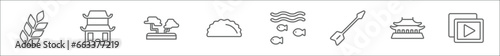 outline set of asian line icons. linear vector icons such as spike, dojo, penjing, jiaozi, underwater, quiver, forbidden city, dizi