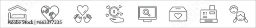 outline set of charity line icons. linear vector icons such as shelter beds, solidarity, voluntary service, donate, research, donation box, cash box, happy kids