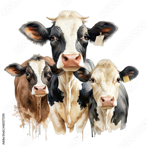 Three Cute Holstein Cow Watercolor Png Graphic