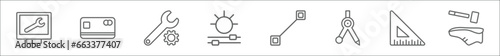 outline set of edit tools line icons. linear vector icons such as repair tools, blue card, repair tool, lightness, line tool, calipers, school triangle, cobbler