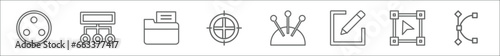 outline set of edit tools line icons. linear vector icons such as quark, allocation, file folder, registration mark, needle case, defining, free transform, curvature