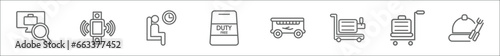 outline set of airport terminal line icons. linear vector icons such as luggage inspection, modern wirstwatch, waiting place, duty free bag, airport bus, luggage trolley, trolley with luggage, tray