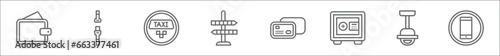 outline set of airport terminal line icons. linear vector icons such as purse with bill, airplane security belt, taxi, direction post, two credit cards, big safe box, airport security camera,