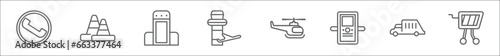 outline set of airport terminal line icons. linear vector icons such as telephone, road cone, control check, airport tower, helicopter flying, airport x ray hine, gangway truck, duty free basket