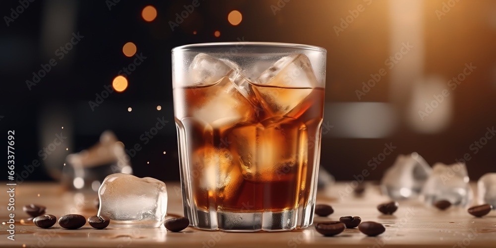 a glass of coffee mixed with ice cubes on a black background. generative AI - obrazy, fototapety, plakaty 