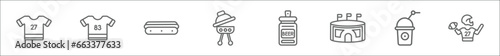 outline set of american football line icons. linear vector icons such as american football jersey, football t shirt with number 83, hot dog sausage in bread, with wheels, can of beer, stadium