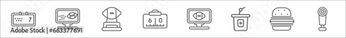 outline set of american football line icons. linear vector icons such as calendar, american football television, american football trophey, scores numbers, tv program, soda glass with a straw,