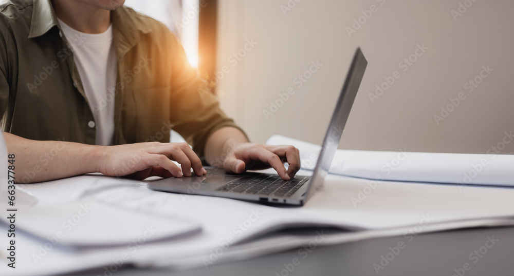 Engineer or home designer concept. Engineer working and architectural project and construction at desk in office, Modern Interior designer. Engineer or home designer concept. Engineer working and architectural project and construction at desk in office, Modern Interior designer.
