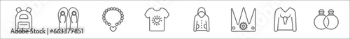 outline set of fashion line icons. linear vector icons such as book bag, pair sandals, accesory, t shirt with heart, sweater with pocket, royal, man printing, fiance