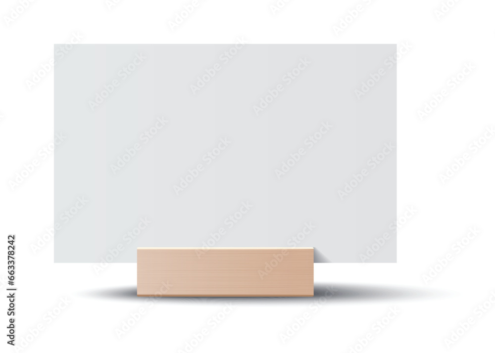 Blank card holder. Mockup template or menu frame. Realistic blank paper sheet. Desktop identification plate, nameplate isolated on white background Blank card holder. Mockup template or menu frame. Realistic blank paper sheet. Desktop identification plate, nameplate isolated on white background