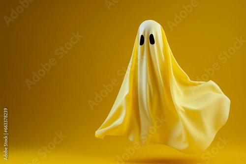 Minimalistic Halloween scare a flying ghost in white sheet  yellow