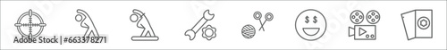 outline set of activity and hobbies line icons. linear vector icons such as hunting, aerobic, warming up, repairing, yarn ball, greedy, film making, mahjong