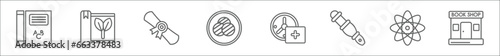 outline set of education line icons. linear vector icons such as alphabet book, eco book, folded certificate, combination, leisure, calligraphy, atomic theory, book shop
