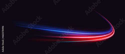 Abstract long exposure dynamic speed light trails background. Generative ai. Abstract neon motion glowing wavy lines. Futuristic technology concept. Vector illustration. 
