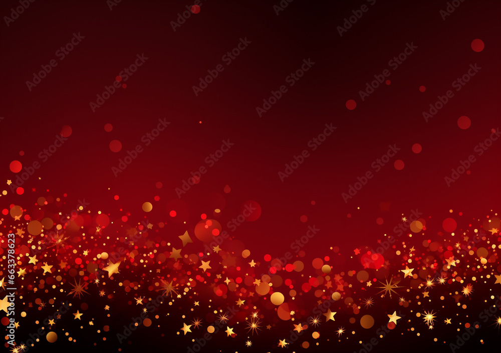 An abundance of glistening gold stars and radiant bokeh circles envelop a vibrant red backdrop, creating a celebratory graphic background. Generative AI.