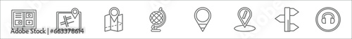outline set of maps and flags line icons. linear vector icons such as flags, street, location mark on printed map, earth gobe, location marker, women hairstylist, divarication, ear protection