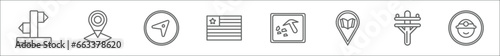 outline set of maps and flags line icons. linear vector icons such as vintage, locator, navigate, square flag, mining work zone, reading zone, pole, mine site