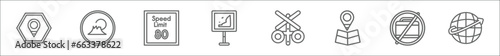 outline set of maps and flags line icons. linear vector icons such as locato, mount fuji, 80 speed limit, land slide, rail crossing, folded map with position mark, no luggage, arrow on globe