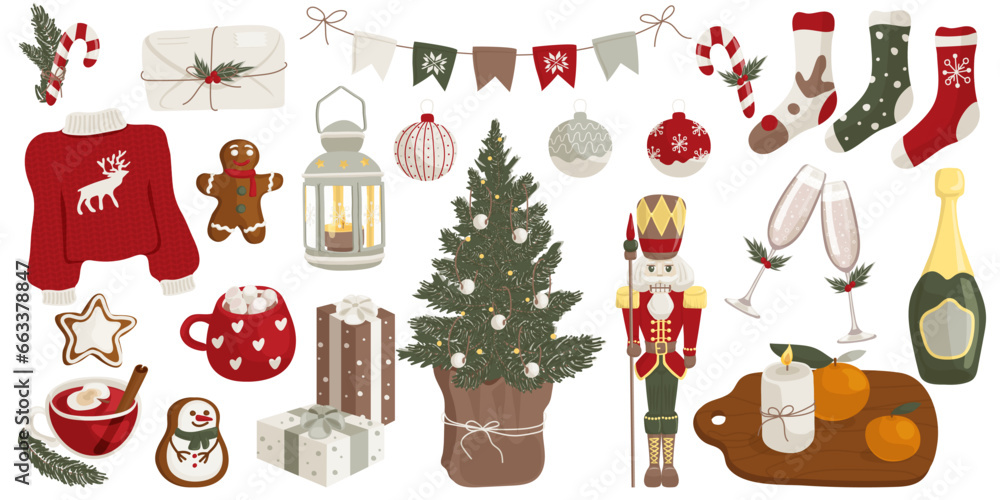 Christmas stickers with cute new year icon decorations. Winter holiday printable sticker sheet. Vector illustration in hand drawn cartoon flat style Christmas stickers with cute new year icon decorations. Winter holiday printable sticker sheet. Vector illustration in hand drawn cartoon flat style