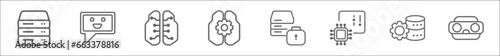 outline set of augmented reality line icons. linear vector icons such as storage, chat, cookies, teaching, data security, control, efficiency, stereoscope