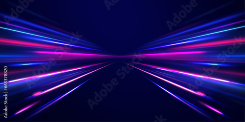 Expressway, the effect of car headlights. Low-poly construction of fine lines. Blue background. Elegant bright neon linear wave. photo