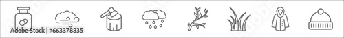 outline set of autumn line icons. linear vector icons such as honey, windy, woodcutter, rain, tree branch, grass, raincoat, winter hat