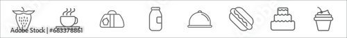 outline set of bistro and restaurant line icons. linear vector icons such as strawberry drawing, hot mug, cake box, milk brick, tray and cover, hot dog with ketchup, decorated cake, cupcake with