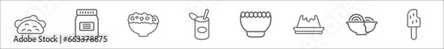 outline set of bistro and restaurant line icons. linear vector icons such as pita bread, mermelade jar, appetizers bowl, open tin with spoon, bowl of olives, creme caramel, spaghetti bolognese, ice