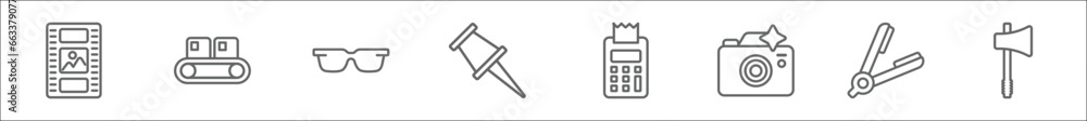 outline set of tools and utensils line icons. linear vector icons such as film strip photograms, packing hine, reading glasses, school push pin, printing calculator, camera with flash, hair iron,