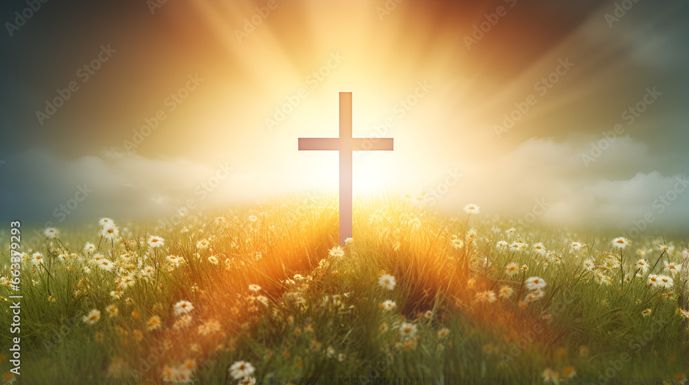 Resplendent Christian Cross: Bathed in Sunlight Amidst a Meadow of Vibrant Flowers and Lush Grass background ai generated