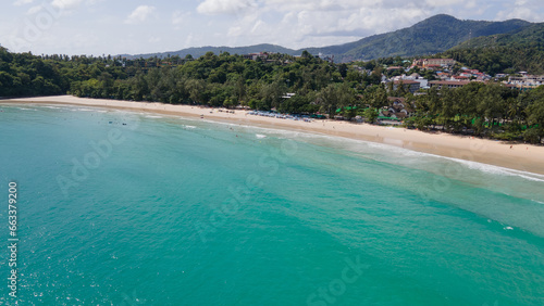 Aerial view of Kata Beach, one of the popular travel destinations in Phuket, Thailand. Beautiful summer scenery of Andaman Sea