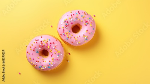  two pink donuts with sprinkles on a yellow background. generative ai