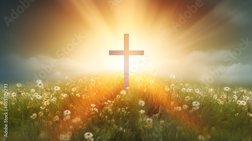Resplendent Christian Cross: Bathed in Sunlight Amidst a Meadow of Vibrant Flowers and Lush Grass background ai generated