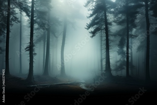 Mysterious woods 3D winter illustration with smoky pine forest and fog