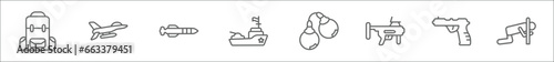 outline set of army and war line icons. linear vector icons such as army backpack, air force, torpedo, warship, pair of handcuffs, grenade launcher, , torture