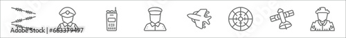 outline set of army and war line icons. linear vector icons such as barbed, officer, two way radio, lieutenant, fighter plane, militar radar, military satellites, conscription