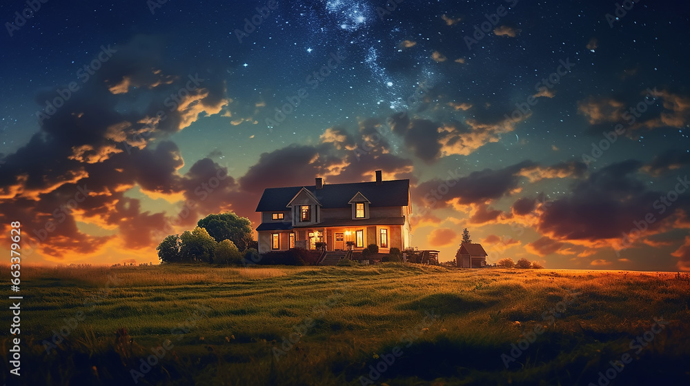 Fototapeta premium landscape panorama lonely house cottage under the starry sky.