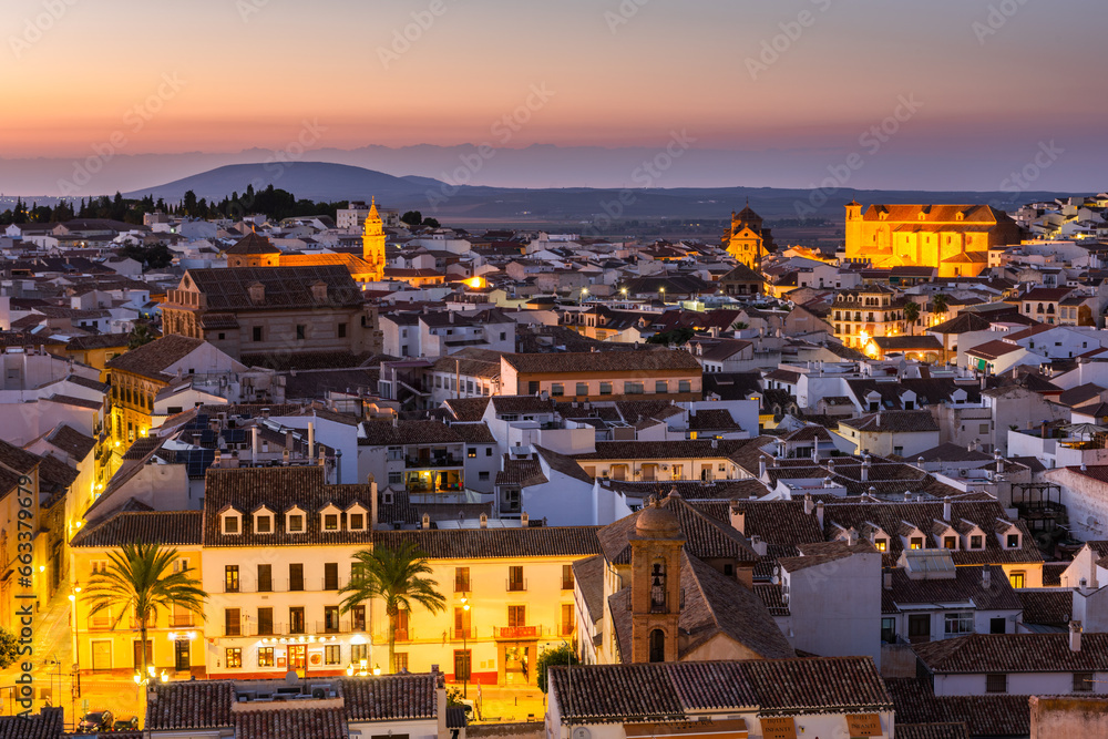 Rooftops cityscape of Antequera in Andalusia, Spain at evening