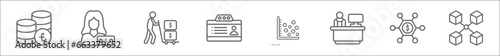 outline set of business line icons. linear vector icons such as pounds coins stack, woman with money, man carrying money, club card, scatter chart, supermarket cashier, centralized connections,