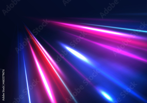 Horizontal speed lines connection vector background. Futuristic dynamic motion technology blue glowing lines air flow effect. Racing cars dynamic flash effects city road with long exposure. 