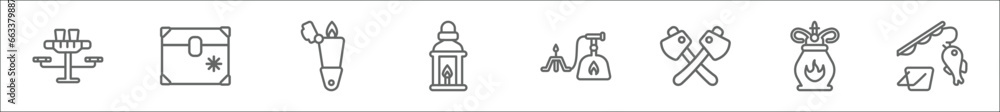 Obraz premium outline set of camping line icons. linear vector icons such as picnic, freezer, lighter, fire lamp, cooking gas, axes, gas, fishing