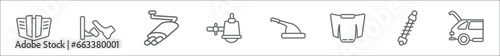 outline set of car parts line icons. linear vector icons such as car hood, car pedal, exhaust, sump, handbrake, bonnet, suspension, boot