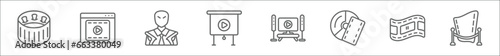 outline set of cinema line icons. linear vector icons such as zoetrope, online movie, hitman, projector screen, home cinema, dvd, freeze frame, premiere