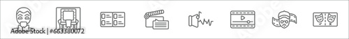 outline set of cinema line icons. linear vector icons such as ventriloquist, dressing room, storyboard, subtitle, sound effect, movie player, film director, prompt box