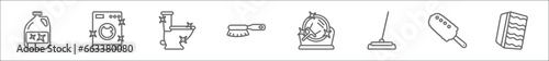 outline set of cleaning line icons. linear vector icons such as bleach cleanin, washing hine cleanin, toilet cleanin, wiping brush, mirror mop, duster, compress