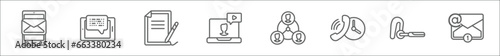 outline set of communication line icons. linear vector icons such as mobile with envelope, morse code, writing letter, video chat, people connection, time call, hands free, emails
