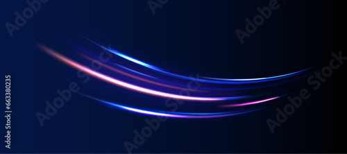 Set of neon blurry light circles at motion. Speed effect motion 3d neon light trails made with ultra violet and blue laser light. 