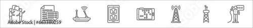 outline set of communication line icons. linear vector icons such as talking, text lines, modem, contacts, braille, transmitter, radio antenna, news reporter